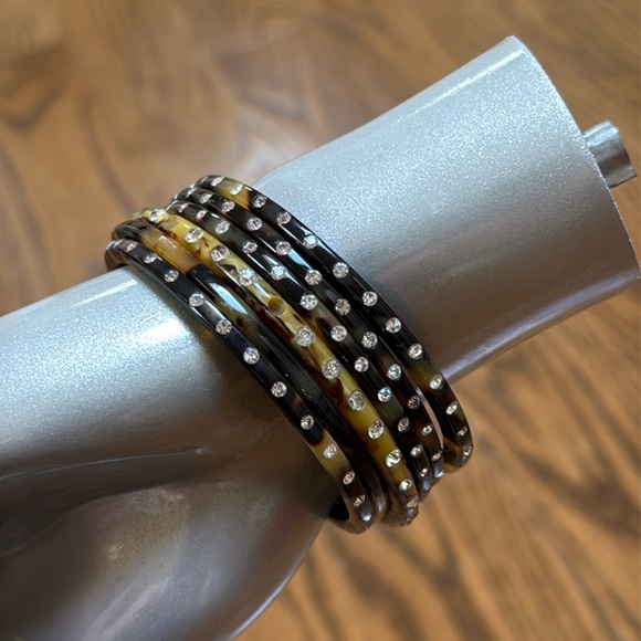 Bundle of 6 thin tortoise celluloid bangles with rhinestones - Picture 4 of 9